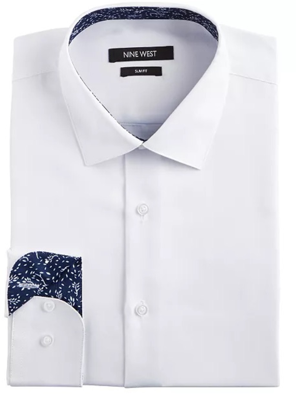 Nine West Men’s White Slim Fit Dress Shirt with Navy Contrast